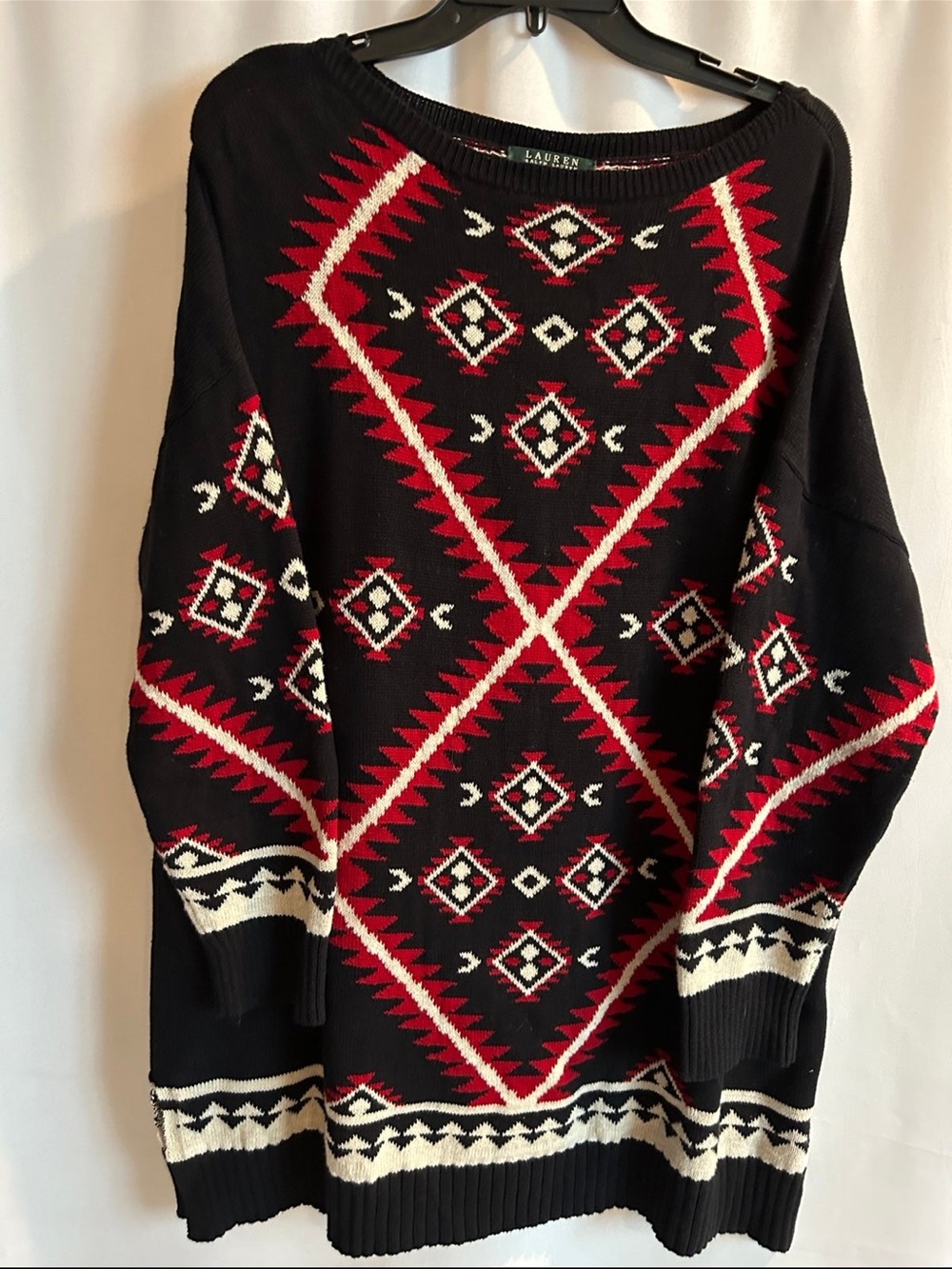 Ralph Lauren Black Red Southwestern Aztec Print Sweater